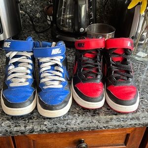 Nike sneakers one red and black another blue and black